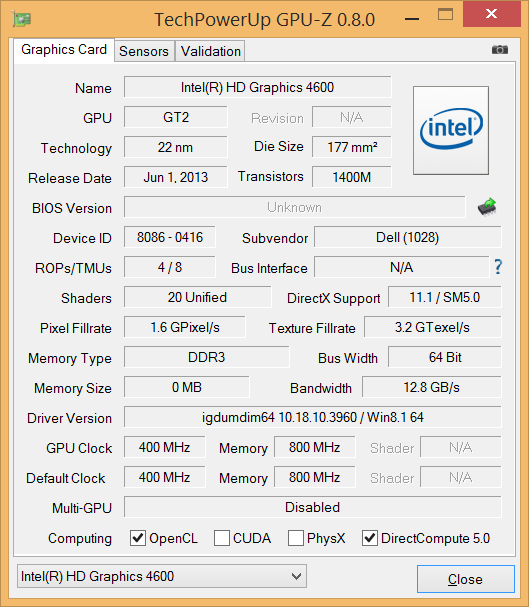 Latitude E6540 GPU-Z Inten HD graphics 4600